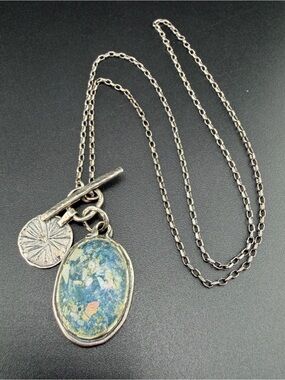 Sterling Silver 925 Roman Glass Oval Pendant floral Chain Toggle necklace